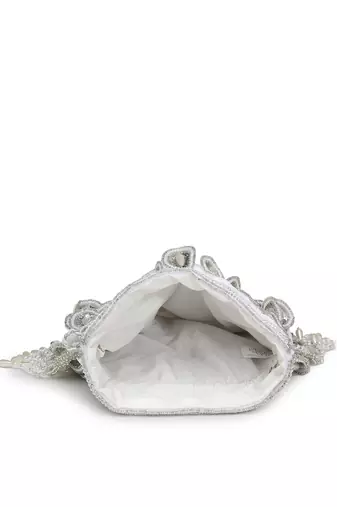 droop white & silver cut work embellished velvet potli