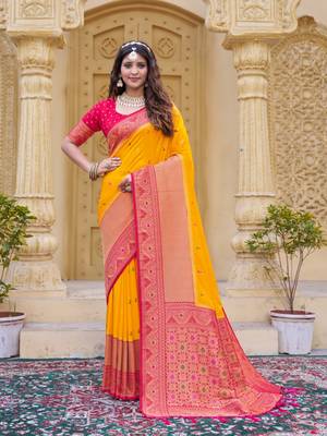 Yellow color zari work pashmina silk heavy red border saree with blouse 1