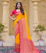 Yellow color zari work pashmina silk heavy red border saree with blouse