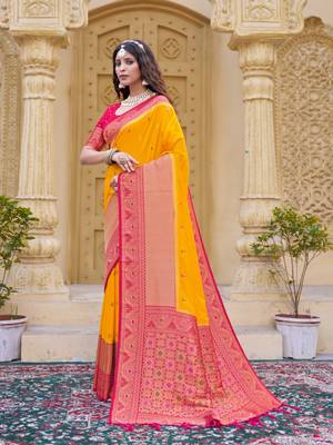 Yellow color zari work pashmina silk heavy red border saree with blouse 3