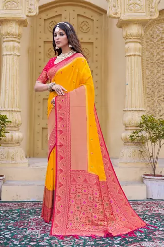 Yellow color zari work pashmina silk heavy red border saree with blouse