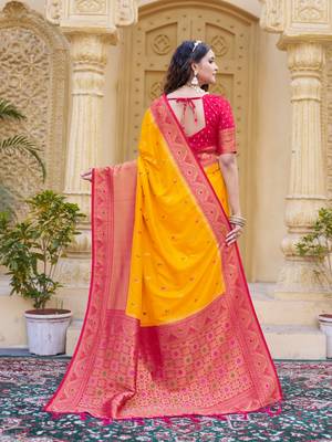 Yellow color zari work pashmina silk heavy red border saree with blouse 4