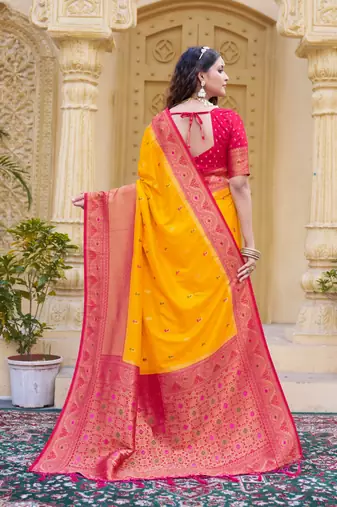 Yellow color zari work pashmina silk heavy red border saree with blouse