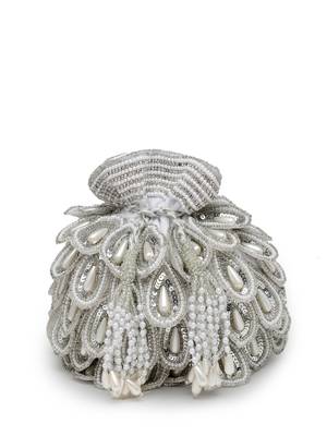 droop white & silver cut work embellished velvet potli 11