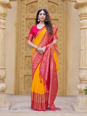 Yellow color zari work pashmina silk heavy red border saree with blouse 5