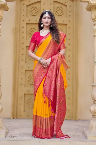 Yellow color zari work pashmina silk heavy red border saree with blouse