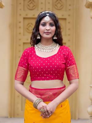 Yellow color zari work pashmina silk heavy red border saree with blouse 6