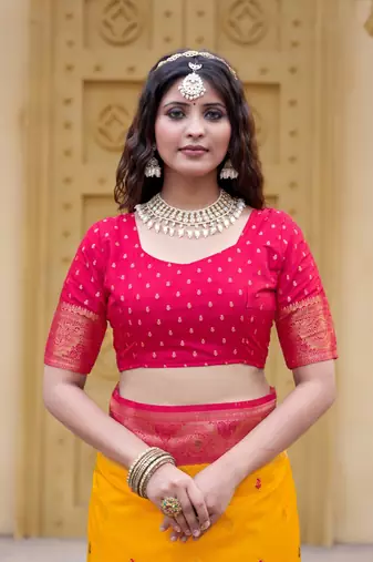Yellow color zari work pashmina silk heavy red border saree with blouse