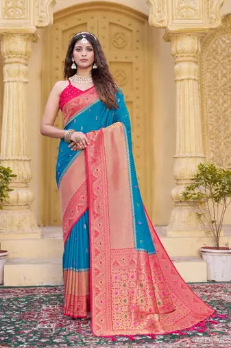 Sky blue color zari work pashmina silk blend heavy pink border saree with blouse
