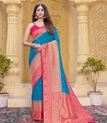 Sky blue color zari work pashmina silk blend heavy pink border saree with blouse