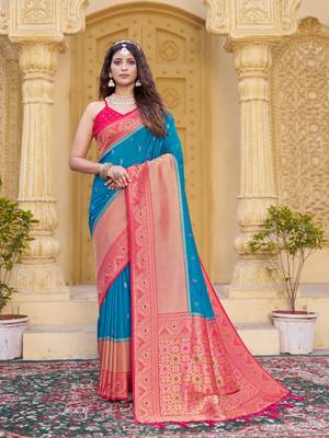 Sky blue color zari work pashmina silk blend heavy pink border saree with blouse 3