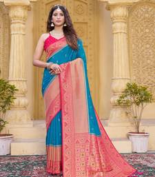 Sky blue color zari work pashmina silk blend heavy pink border saree with blouse
