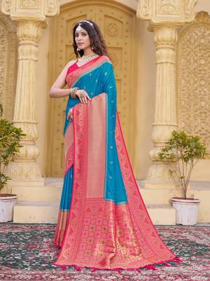 Sky blue color zari work pashmina silk blend heavy pink border saree with blouse 4