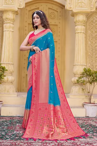 Sky blue color zari work pashmina silk blend heavy pink border saree with blouse