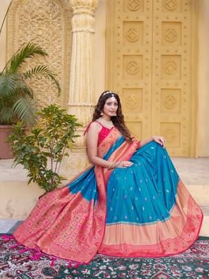 Sky blue color zari work pashmina silk blend heavy pink border saree with blouse 5