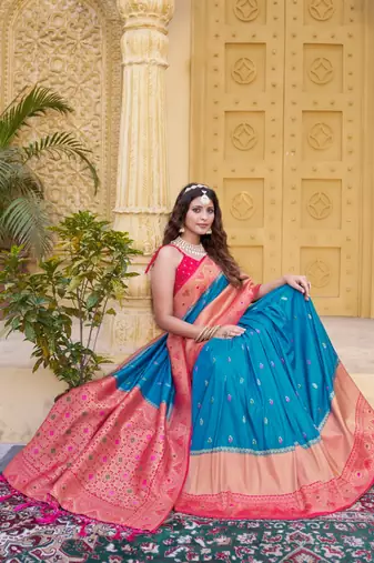 Sky blue color zari work pashmina silk blend heavy pink border saree with blouse