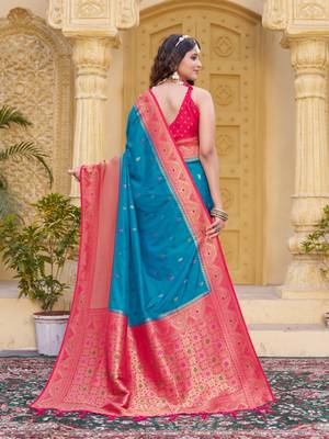 Sky blue color zari work pashmina silk blend heavy pink border saree with blouse 6
