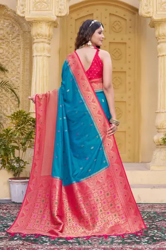 Sky blue color zari work pashmina silk blend heavy pink border saree with blouse
