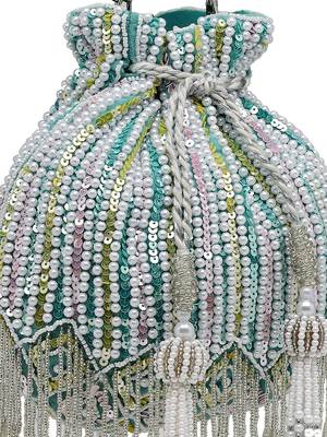droop aqua blue , white & pastel multi striped embellished velvet potli 8