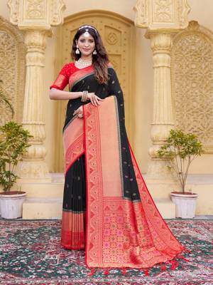 Black color zari work pashmina silk blend heavy red border saree with blouse 1