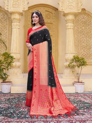 Black color zari work pashmina silk blend heavy red border saree with blouse 3