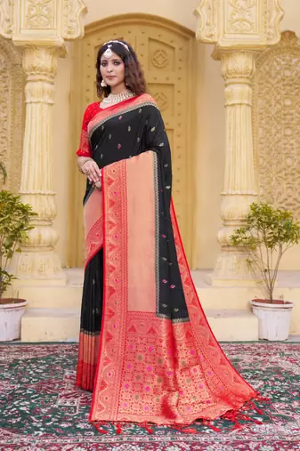 Black color zari work pashmina silk blend heavy red border saree with blouse