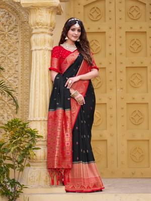 Black color zari work pashmina silk blend heavy red border saree with blouse 4