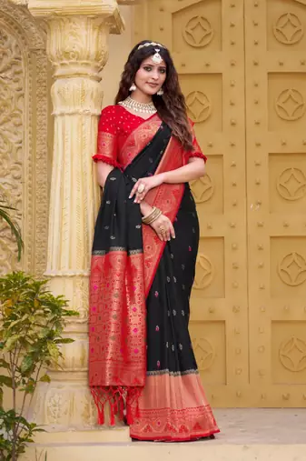 Black color zari work pashmina silk blend heavy red border saree with blouse
