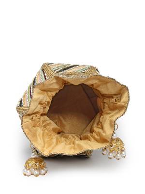 lotus golden & multi striped embellished faux silk potli 7