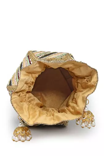 lotus golden & multi striped embellished faux silk potli
