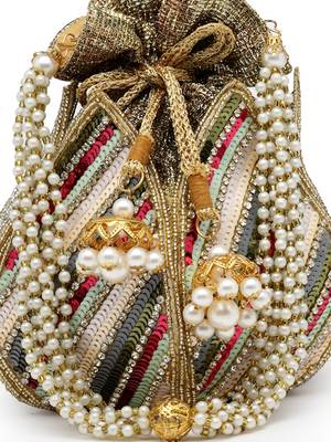 lotus golden & multi striped embellished faux silk potli 8