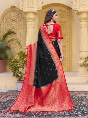 Black color zari work pashmina silk blend heavy red border saree with blouse 5