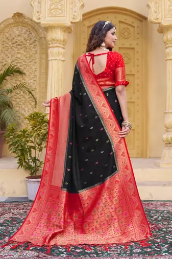 Black color zari work pashmina silk blend heavy red border saree with blouse
