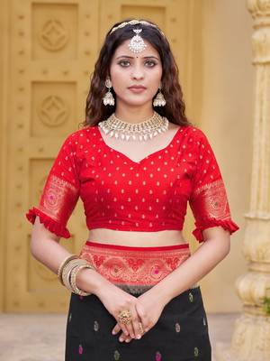 Black color zari work pashmina silk blend heavy red border saree with blouse 6