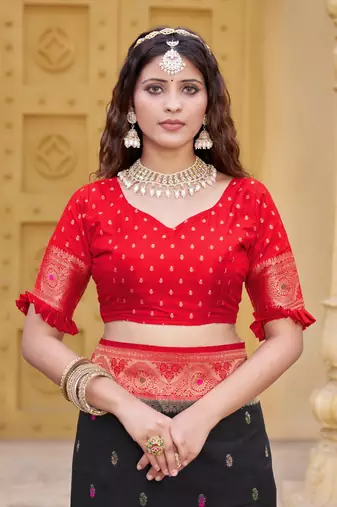 Black color zari work pashmina silk blend heavy red border saree with blouse