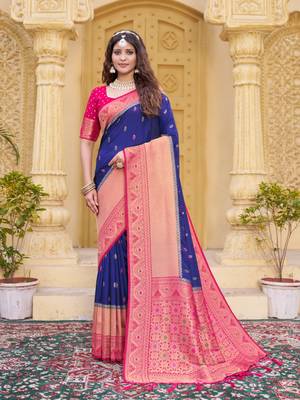 Navy blue color zari work pashmina silk blend heavy pink border saree with blouse 3
