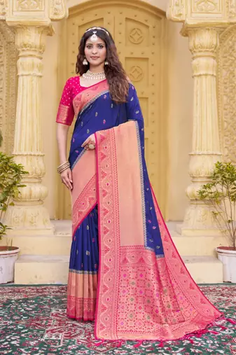 Navy blue color zari work pashmina silk blend heavy pink border saree with blouse
