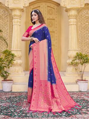 Navy blue color zari work pashmina silk blend heavy pink border saree with blouse 4