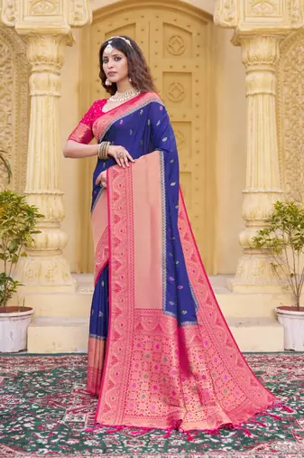 Navy blue color zari work pashmina silk blend heavy pink border saree with blouse