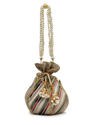 lotus golden & multi striped embellished faux silk potli 11