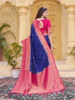 Navy blue color zari work pashmina silk blend heavy pink border saree with blouse 5