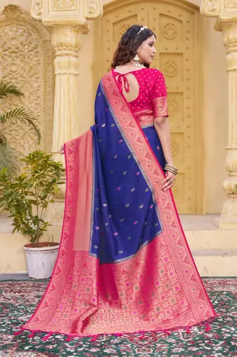 Navy blue color zari work pashmina silk blend heavy pink border saree with blouse