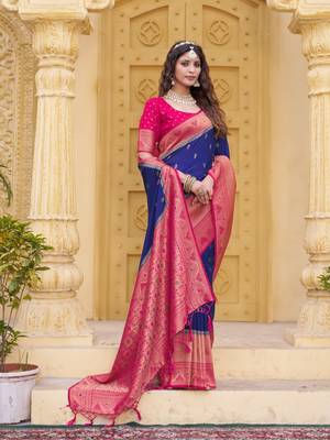 Navy blue color zari work pashmina silk blend heavy pink border saree with blouse 1