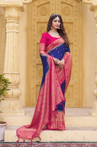 Navy blue color zari work pashmina silk blend heavy pink border saree with blouse