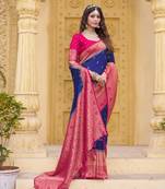 Navy blue color zari work pashmina silk blend heavy pink border saree with blouse