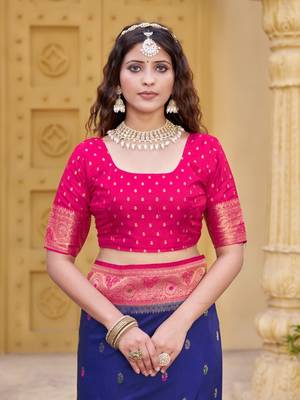 Navy blue color zari work pashmina silk blend heavy pink border saree with blouse 6