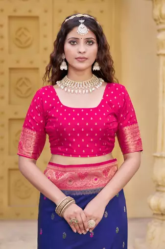 Navy blue color zari work pashmina silk blend heavy pink border saree with blouse