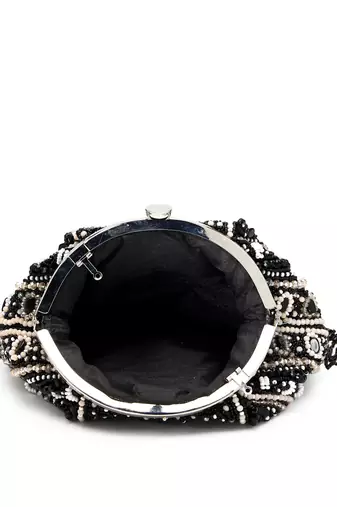 droop black & pastel multi bead work embellished faux silk clutch