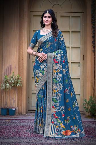 Blue color heavy zari work pashmina silk blend saree