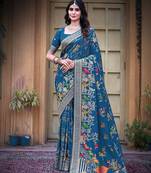 Blue color heavy zari work pashmina silk blend saree